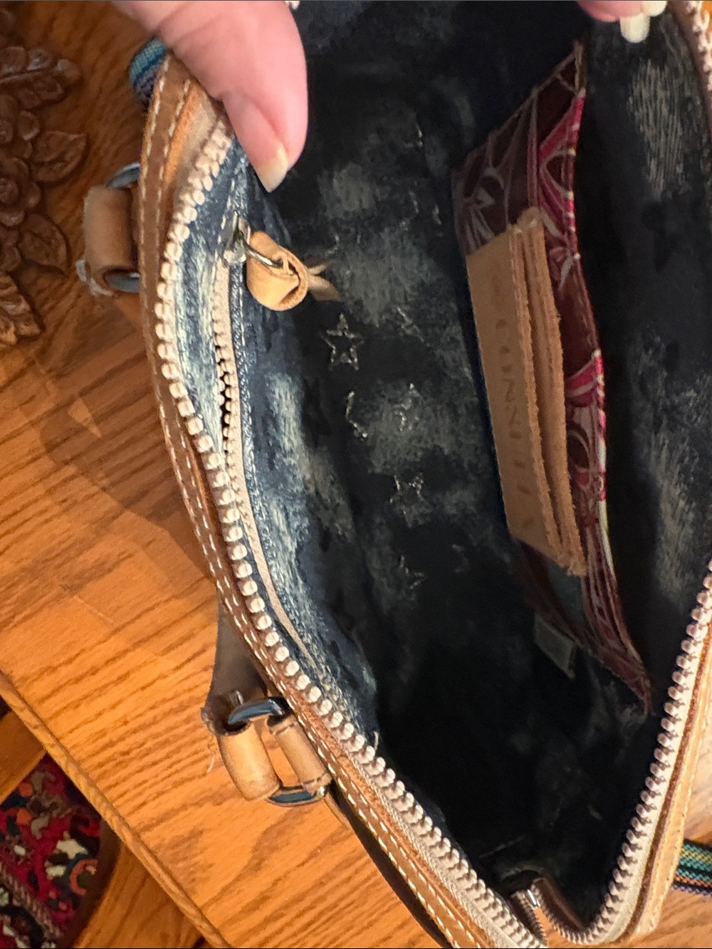 Consuela Black and Tan Crossbody Satchel with Striped Strap - Picture 2 of 6